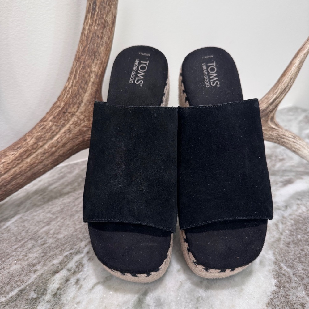 TOMS Diana Black Suede Espadrille Platform Wedge Sandals Womens 9.5
